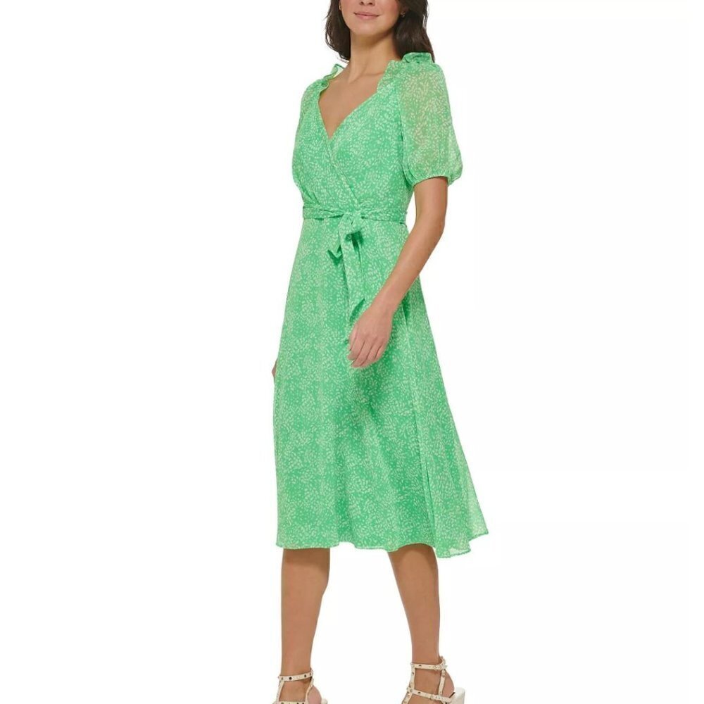 DKNY Women's Ruffled V-Neck Printed Chiffon Dress Size 6